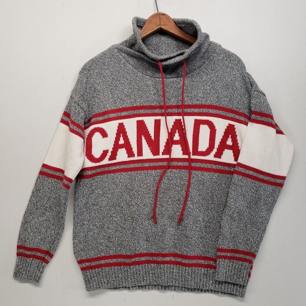 Cotton Country Canada Hoodie Sweater S Made In Canada Gray Red Knit Maple